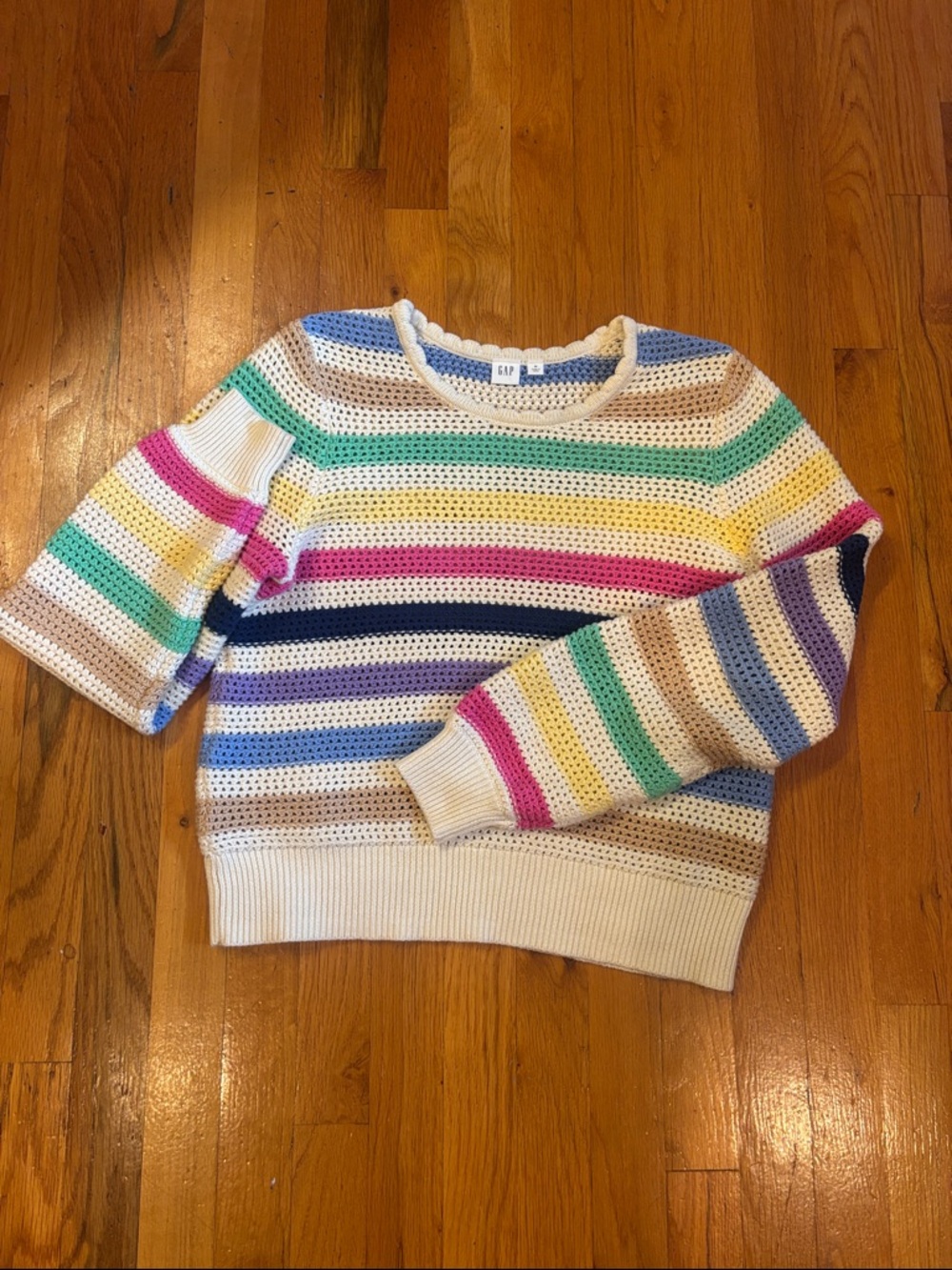 GAP Women’s Striped Open-Knit Crew Sweater Scalloped Neck Cream and Multicolor M